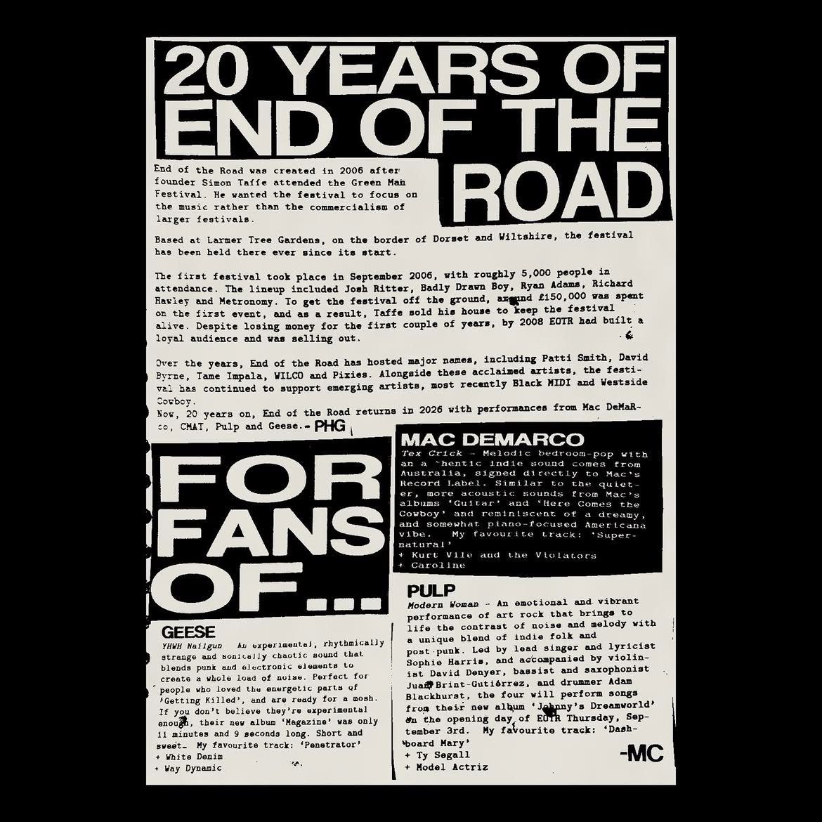 A page from the PICKUP End of the Road edition: "20 Years of End of the Road" and "For fans of..." write-ups on Geese, Mac DeMarco and Pulp